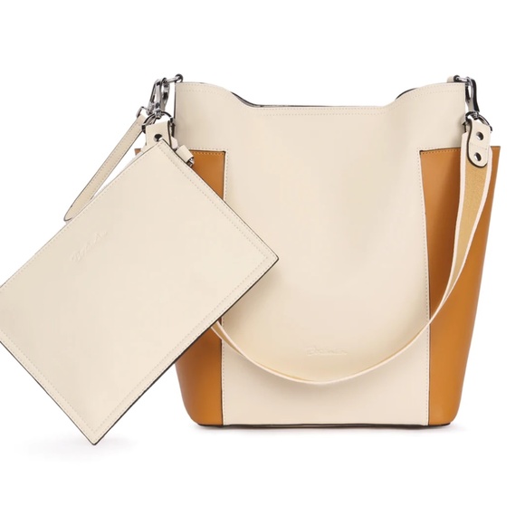 Bostanten Women's Leather Bucket Handbag in Beige and Yellow - Picture 2 of 7